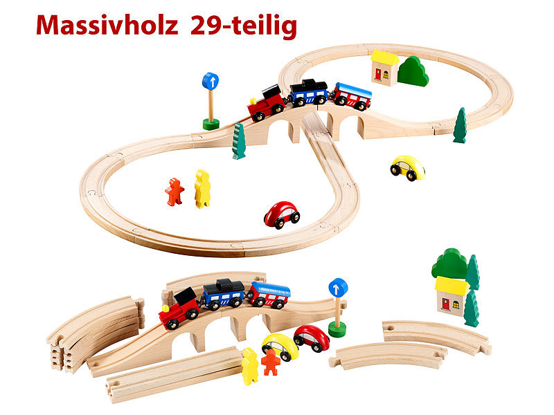 Playtastic Mittelgroßes Holz-Eisenbahn-Set mit 29 Teilen Spielzeug Eisenbahn 