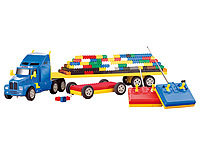 Playtastic Action-Set mit Riesen-Lkw, Fernbedienung & 500 Bausteinen; Elektroautos für Kinder mit Fernsteuerung, Autorennbahnen im Koffer 